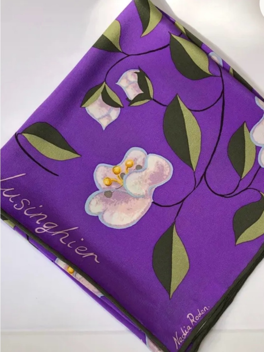 Beautiful Vintage 100% Silk Nadia Roden Floral Purple Scarf 33” x 34”